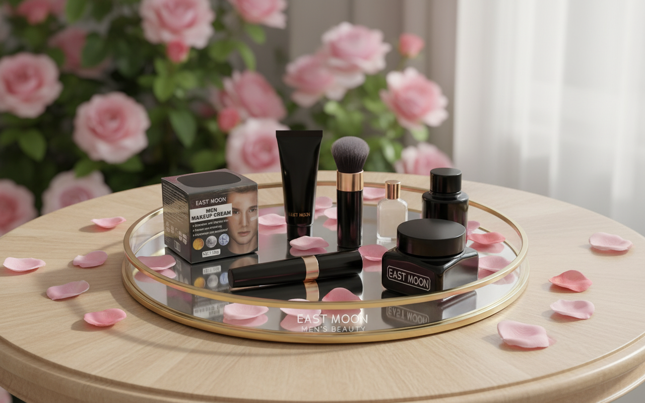 Men's grooming and makeup products displayed on gold mirrored tray with pink rose petals and blooming roses in background