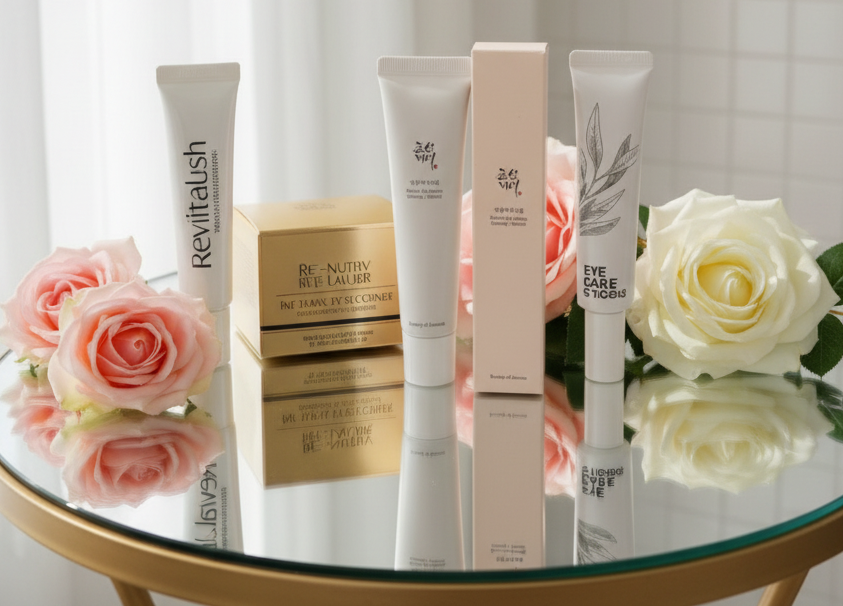 "Luxury eye care products including serums, creams and conditioners displayed on a mirror table surrounded by fresh pink and white roses in soft natural daylight"