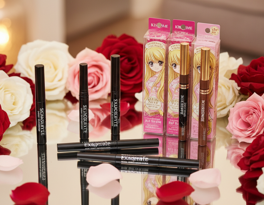 Eyeliner collection featuring KISSME Heroine Make and Rimmel Exaggerate eyeliners on a mirror table with roses