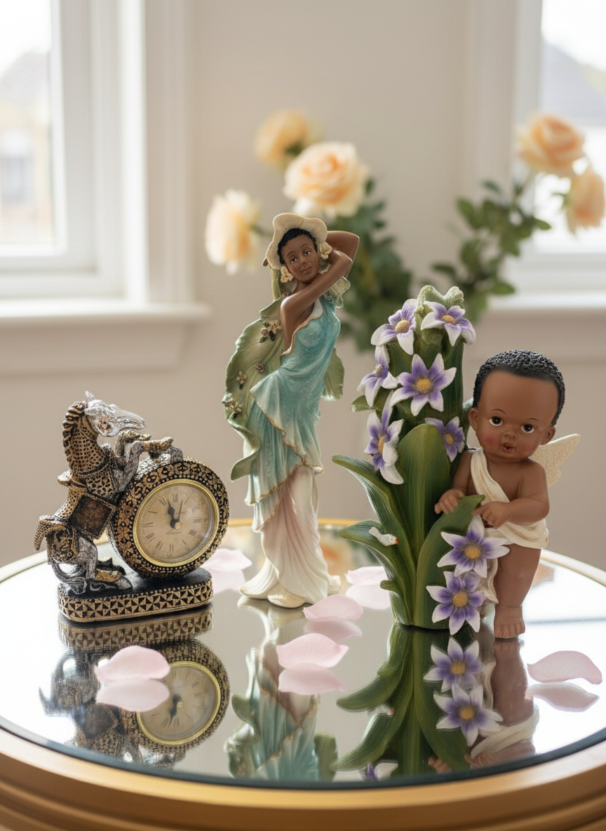 Collectible figurines including vintage African American woman figurine, antique desk clock with horse statue, and fairy angel figurine displayed on mirrored table with minimal pink rose petals and subtle rose garden background