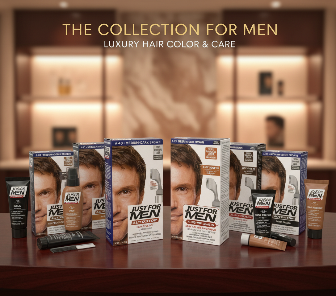 Men's hair color products including Just For Men displayed on elegant table with luxury hair color and care collection