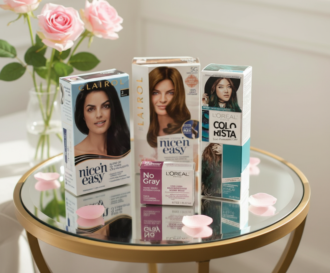 Light Auburn, Textures & Tones, and Blue Black displayed on mirrored table with minimal rose petals and subtle rose garden background