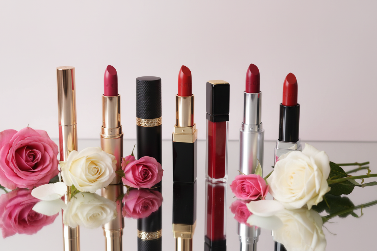 Luxury lipsticks arranged on mirror with roses