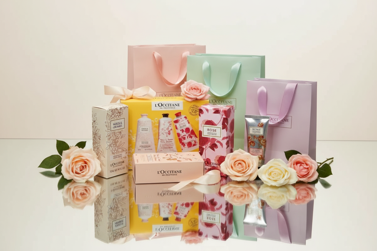 Luxury skincare gift sets with L'Occitane products on mirror table with roses