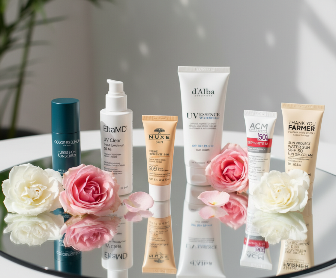 Daily Protection, Elevated" as elegant hero text overlaid on the image with your sunscreen brands and roses on the mirror table