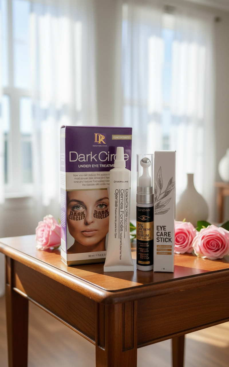 Under eye treatment products including dark circle cream, eyebag cream and caffeine serum on brown wood vanity table with pink roses in bright elegant room