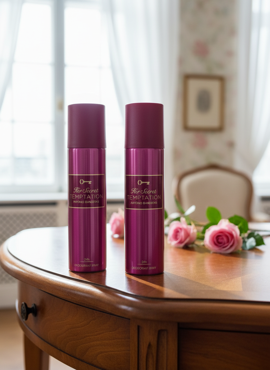 Antonio Banderas Her Secret Temptation deodorant spray and EDT set on brown wood vanity table with pink roses in bright elegant room