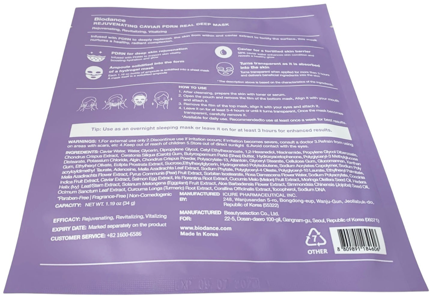 Biodance Rejuvenating Caviar PDRN Real Deep Mask 12 Sheets Korean New EXP 09/28