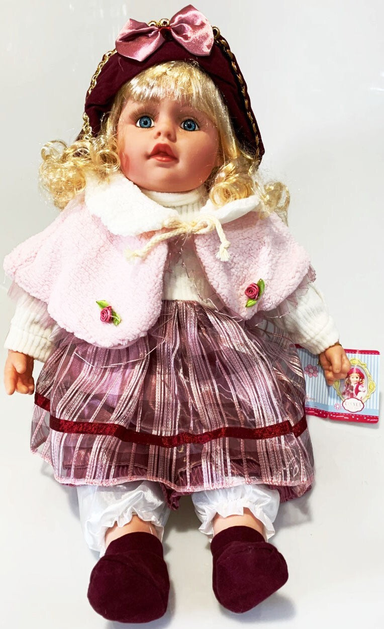 NEW VINYL PLAY DOLL BLOND HAIR BLUE EYES  22" BURGUNDY/WHITE/PINK  CLOTHES