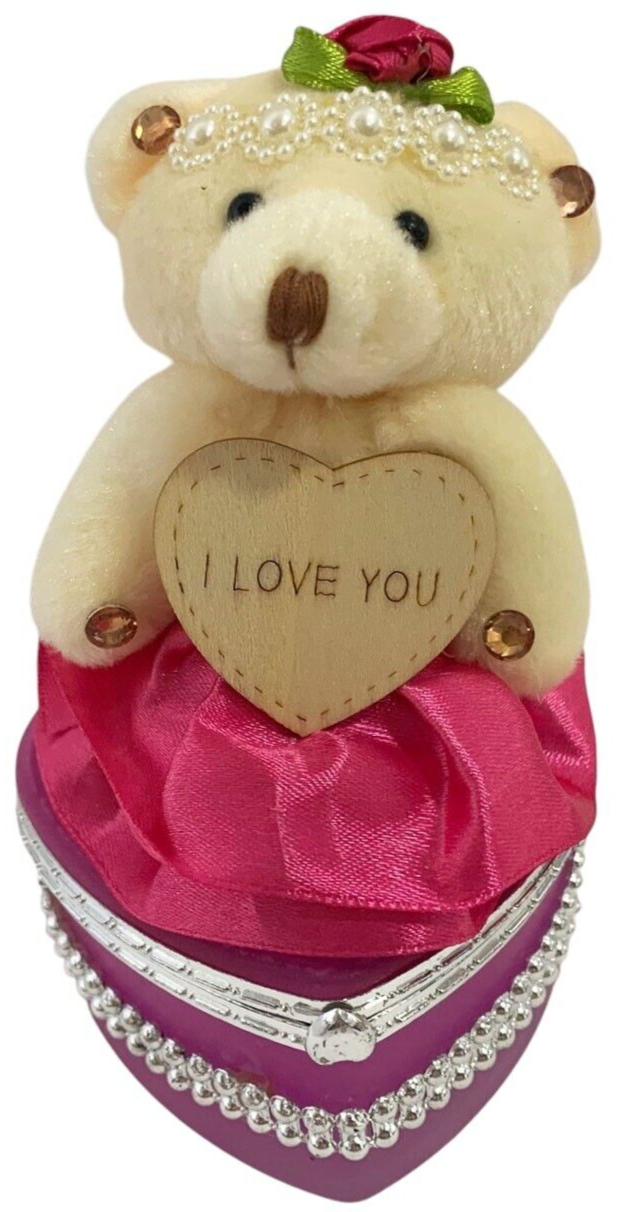 I Love You Bear With Heart Shaped Jewelry Gift Boxes SET OF 2 Pink & Fuchsia