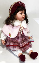 NEW VINYL PLAY DOLL BROWN HAIR GRAY EYES  22" BURGUNDY/WHITE/PINK  CLOTHES