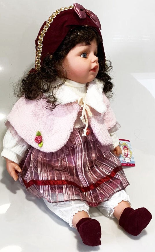 NEW VINYL PLAY DOLL BROWN HAIR GRAY EYES  22" BURGUNDY/WHITE/PINK  CLOTHES
