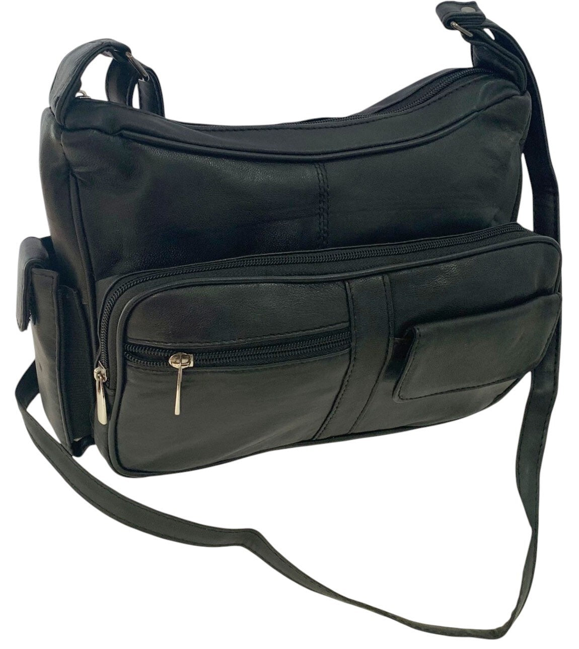 BLACK Leather Organizer Purse Shoulder Bag Multiple Pockets Cross Body Handbag