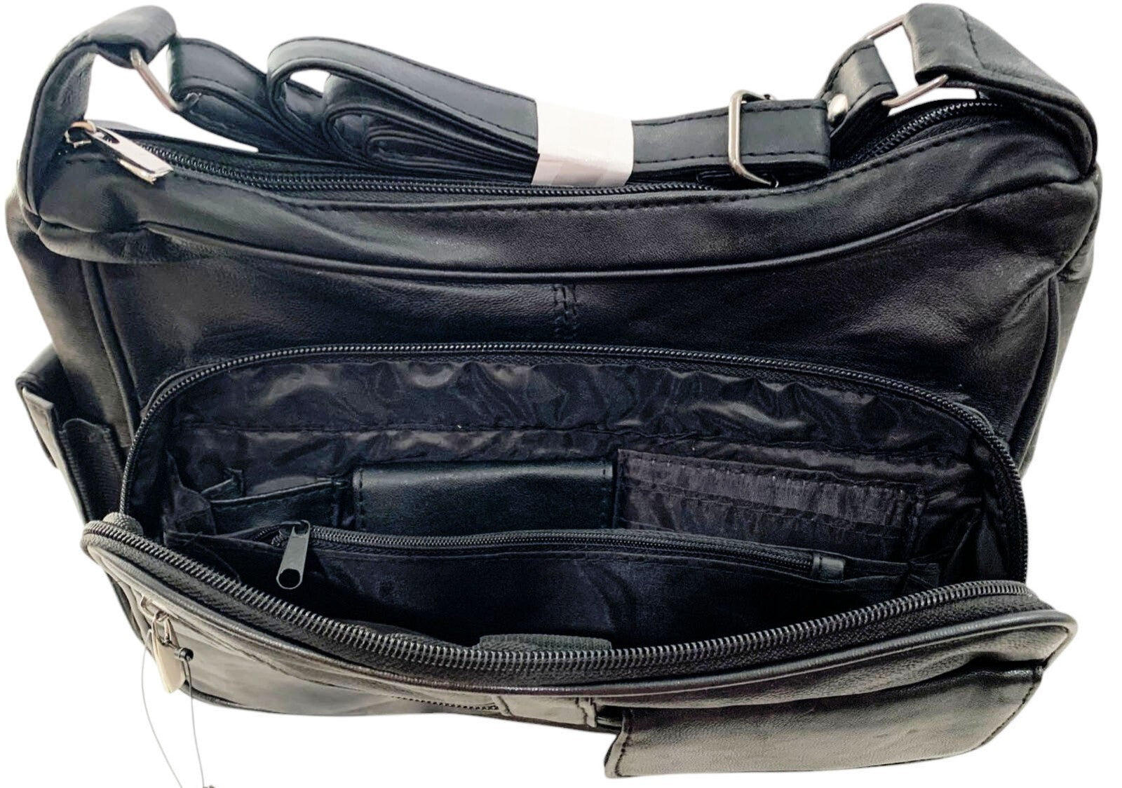 BLACK Leather Organizer Purse Shoulder Bag Multiple Pockets Cross Body Handbag