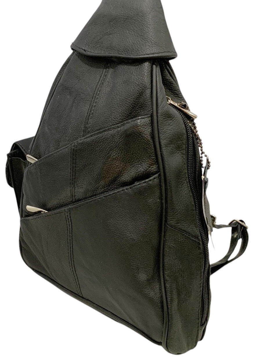 BLACK COWHIDE LEATHER UNISEX  BACKPACK SHOULDER BAG TRAVEL ORGANIZER