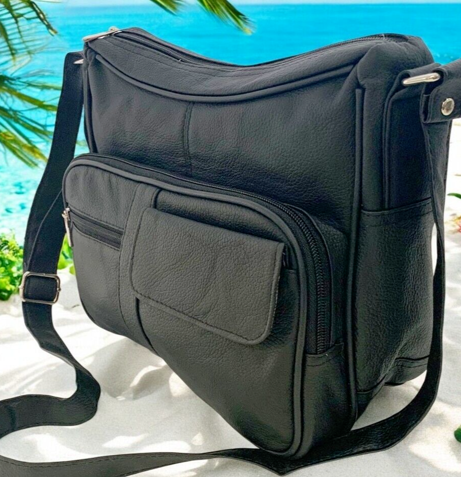 BLACK Leather Organizer Purse Shoulder Bag Multiple Pockets Cross Body Handbag