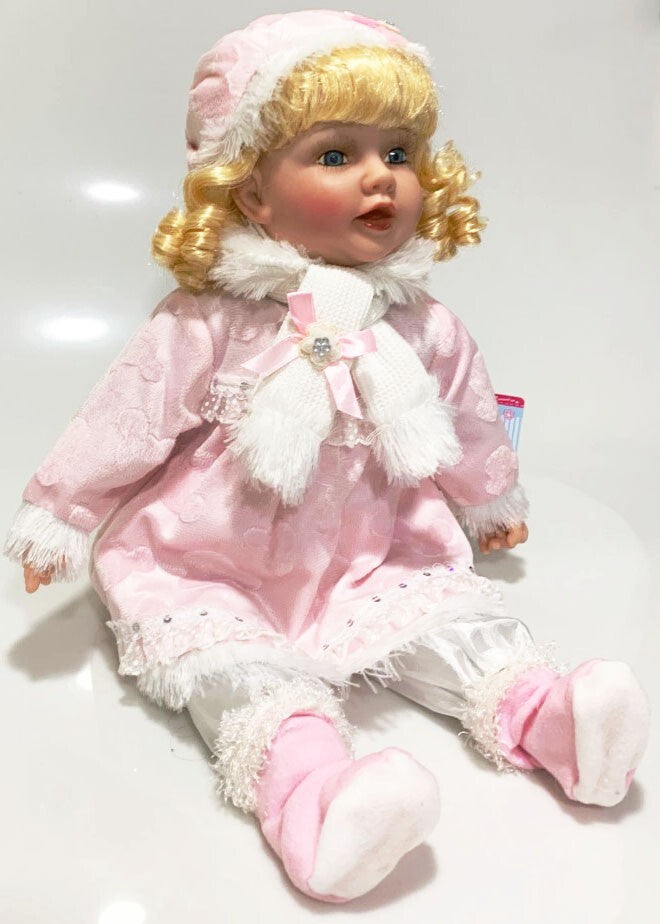 NEW VINYL ZOEY PLAY DOLL BLOND HAIR BLUE EYES  22" PINK/WITE  WINTER OUTFIT
