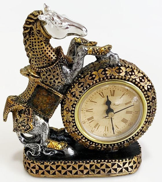 DESK TABLE ANTIQUE STYLE CLOCK WITH RISING HORSE STATUE BATTERY OPERATED