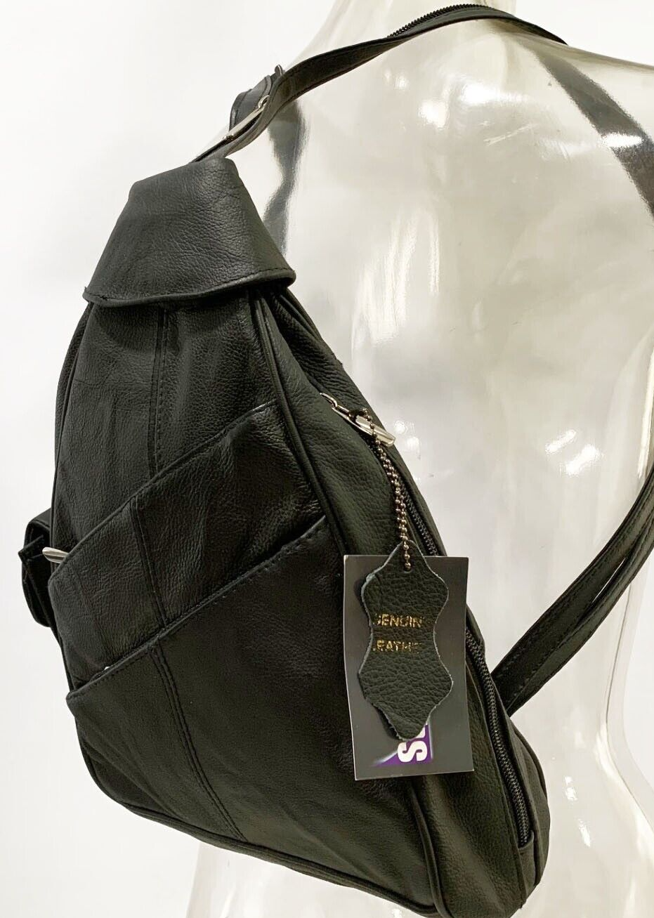 BLACK COWHIDE LEATHER UNISEX  BACKPACK SHOULDER BAG TRAVEL ORGANIZER