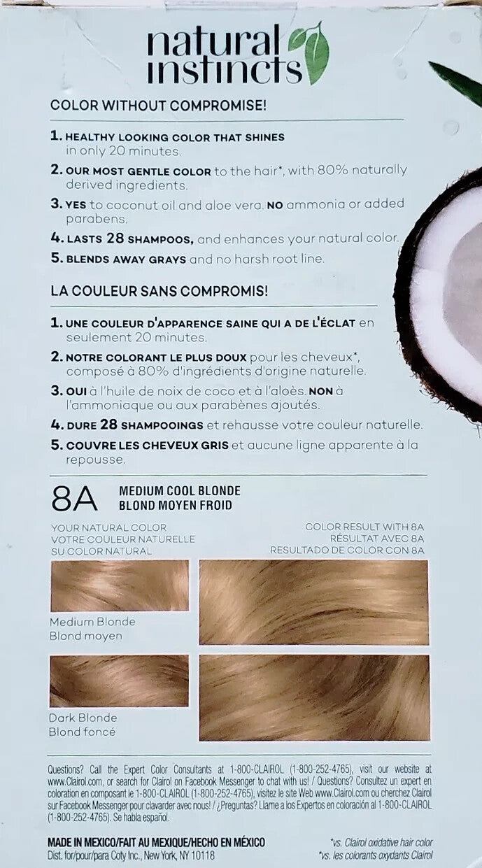 3-New Natural Instincts Clairol Non-Permanent Hair Color-8A MEDIUM COOL BLONDE
