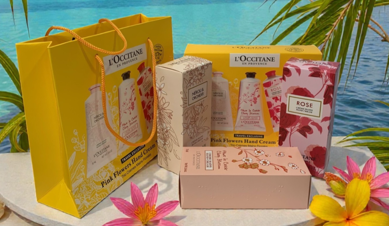 L'OCCITANE EN PROVENCE PINK FLOWERS HAND CREAM  TRIO TRAVEL EXCLUSIVE + GIFT BAG