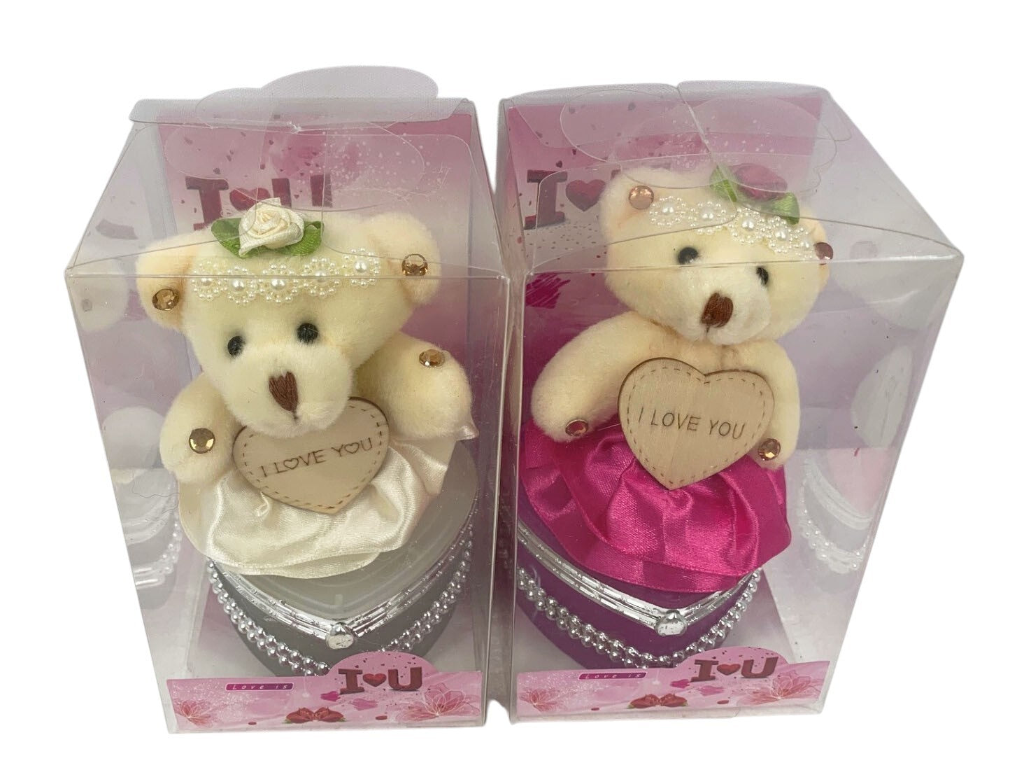 I Love You Bear With Heart Shaped Jewelry Gift Boxes SET OF 2 White and Fuchsia