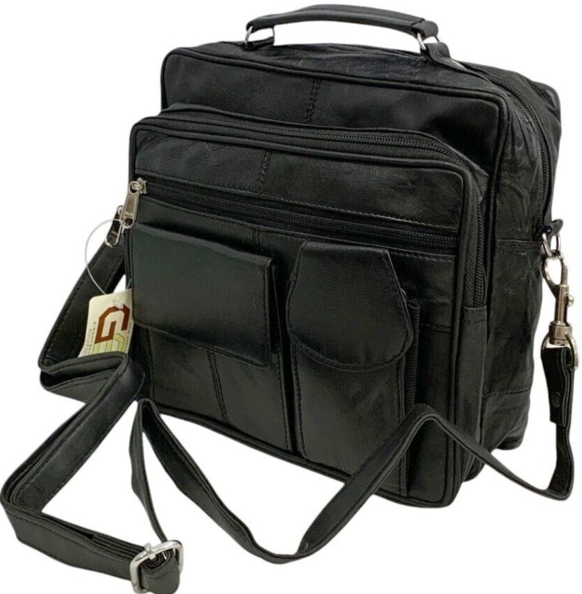 Black Leather Messenger Crossbody Shoulder Bag Organizer Handbag Satchel for Men