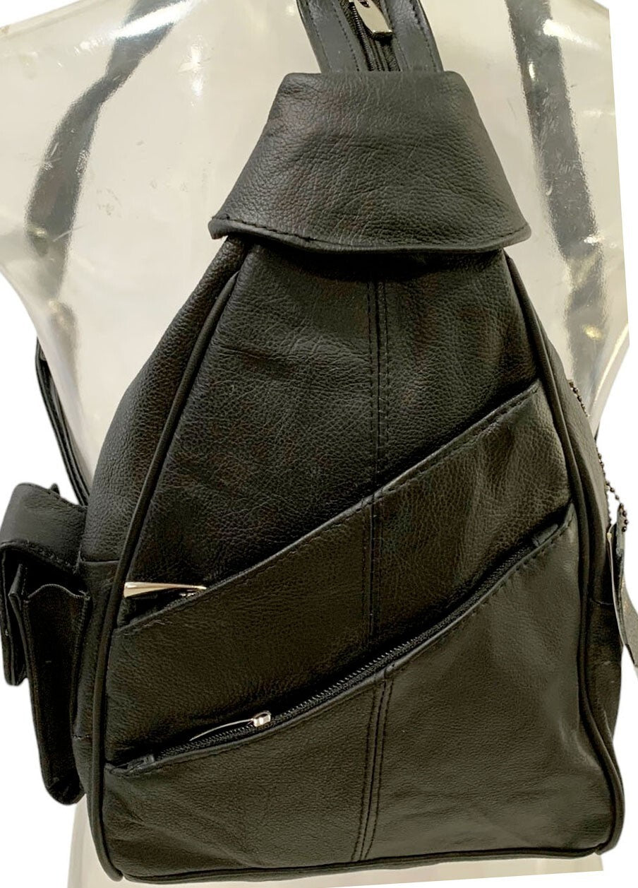 BLACK COWHIDE LEATHER UNISEX  BACKPACK SHOULDER BAG TRAVEL ORGANIZER