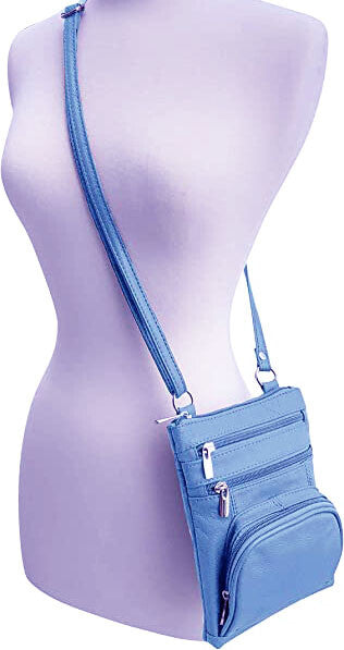 New BLUE Leathers Crossbody Zippered Purse Bag 5 Pockets, Adjustable Strap