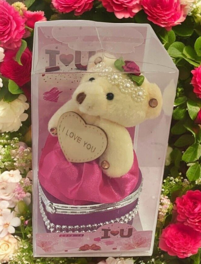 I Love You Bear With Heart Shaped Jewelry Gift Box Dark Pink/Purple