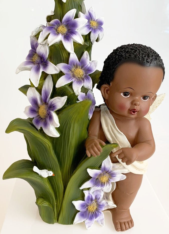 AFRICAN AMERICAN FAIRY ANGEL BABY BOY /GIRL FIGURINE WITH FLOWERS/ BIRD 12.25"