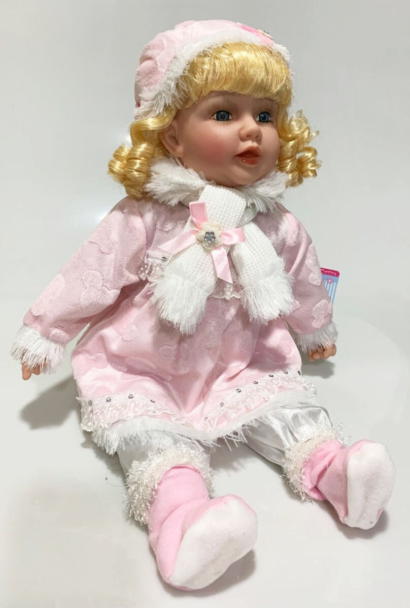 NEW VINYL ZOEY PLAY DOLL BLOND HAIR BLUE EYES  22" PINK/WITE  WINTER OUTFIT
