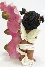 AFRICAN AMERICAN FAIRY ANGEL BABY GIRL FIGURINE WITH FLOWERS AND BUTTERFLY 11.5"