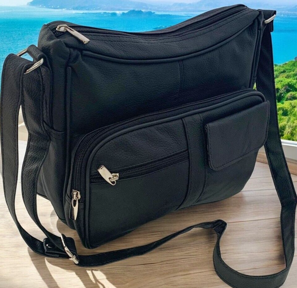 BLACK Leather Organizer Purse Shoulder Bag Multiple Pockets Cross Body Handbag