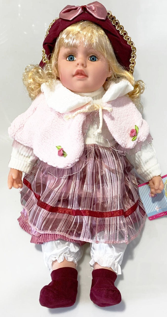 NEW VINYL PLAY DOLL BLOND HAIR BLUE EYES  22" BURGUNDY/WHITE/PINK  CLOTHES