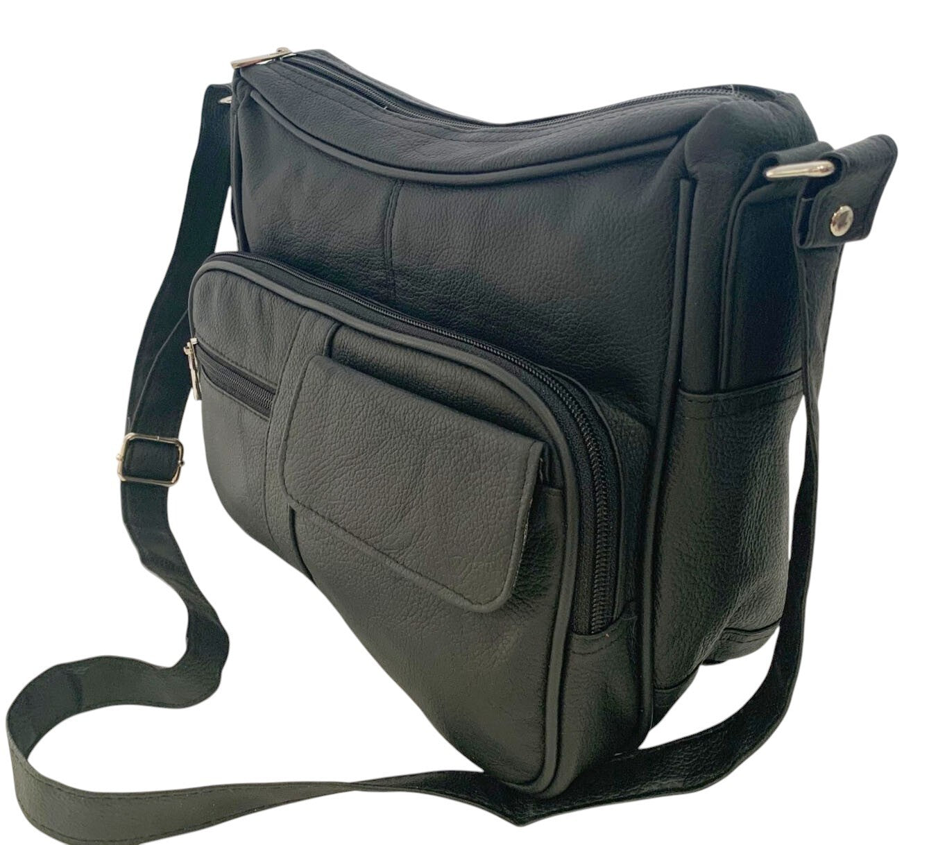 BLACK Leather Organizer Purse Shoulder Bag Multiple Pockets Cross Body Handbag