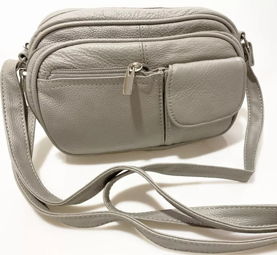 NEW GRAY COWHIDE LEATHER CROSSBODY BAG PURSE ORGANIZER 7 CC SLOTS ID HOLDER