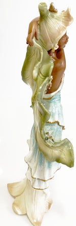 YOUNG AFRICAN AMERICAN WOMEN IN BLUE VINTAGE FIGURINE WITH LARGE LEAVES 12"