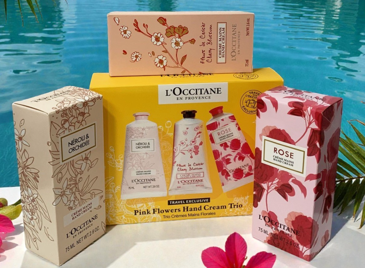 L'OCCITANE EN PROVENCE PINK FLOWERS HAND CREAM  TRIO TRAVEL EXCLUSIVE + GIFT BAG