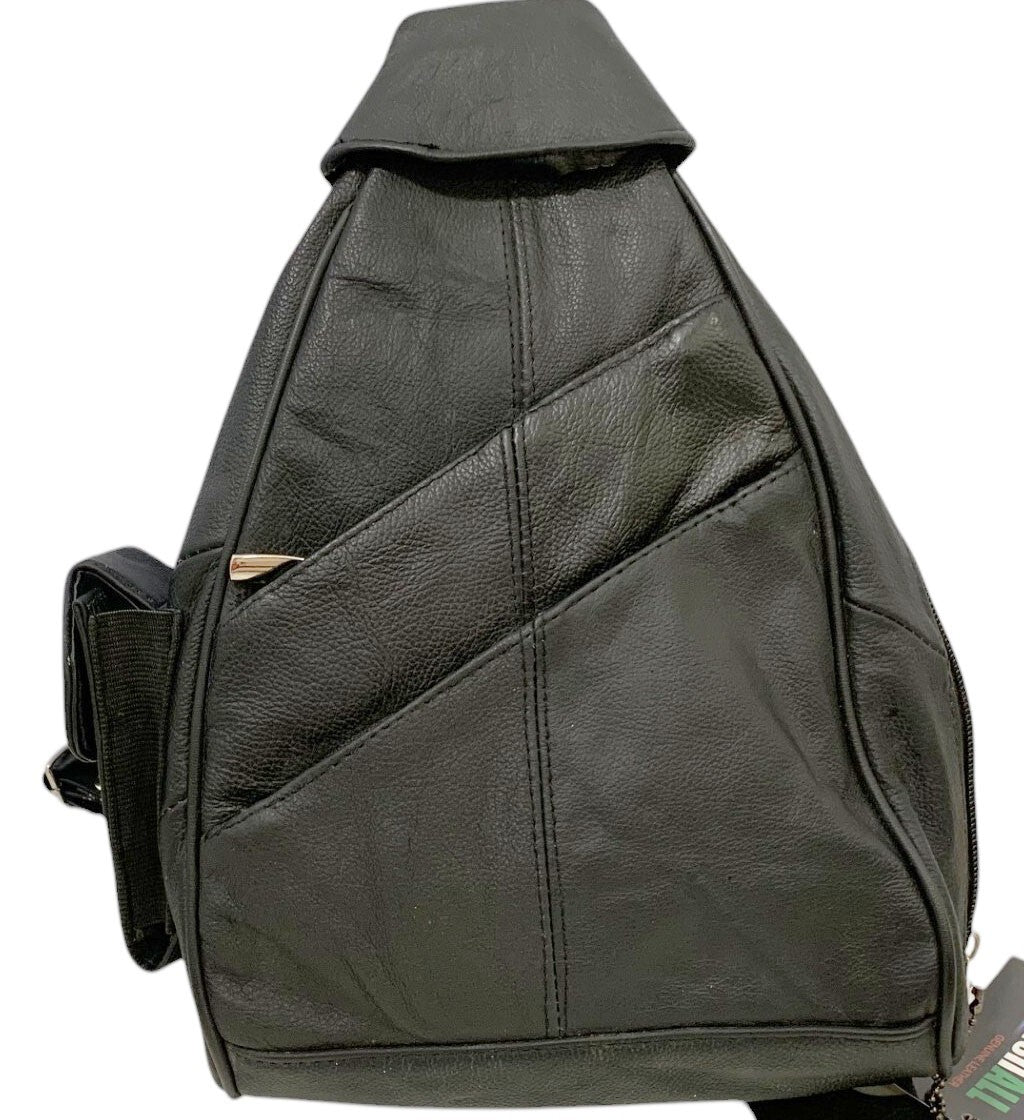BLACK COWHIDE LEATHER UNISEX  BACKPACK SHOULDER BAG TRAVEL ORGANIZER