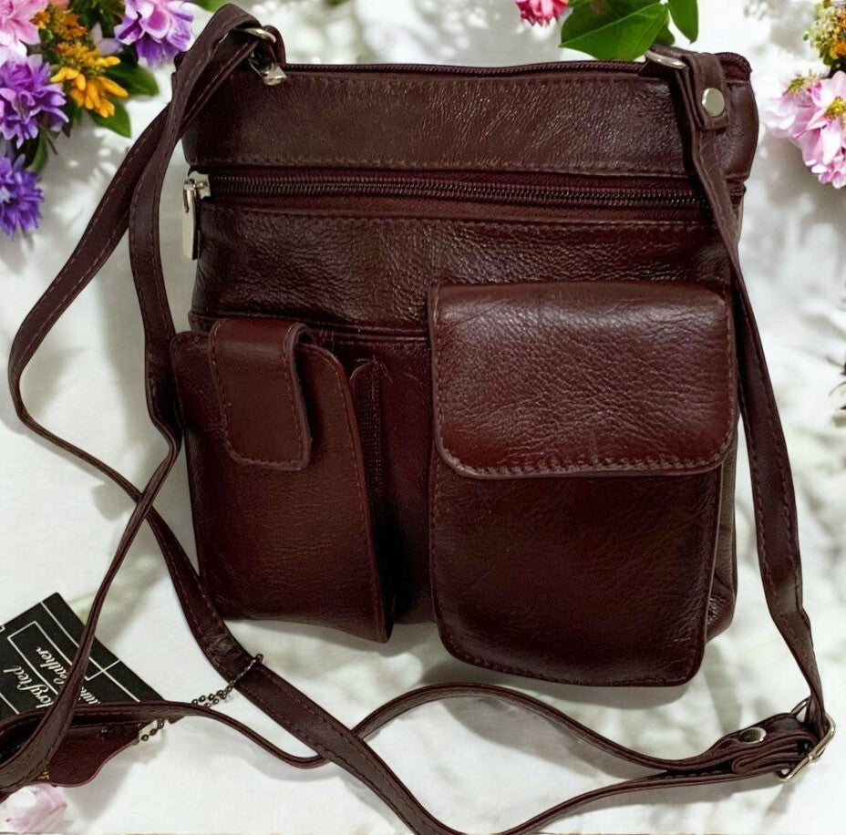 BURGUNDY Cowhide Leather Crossbody Shoulder Bag  Organizer Handbag for Women