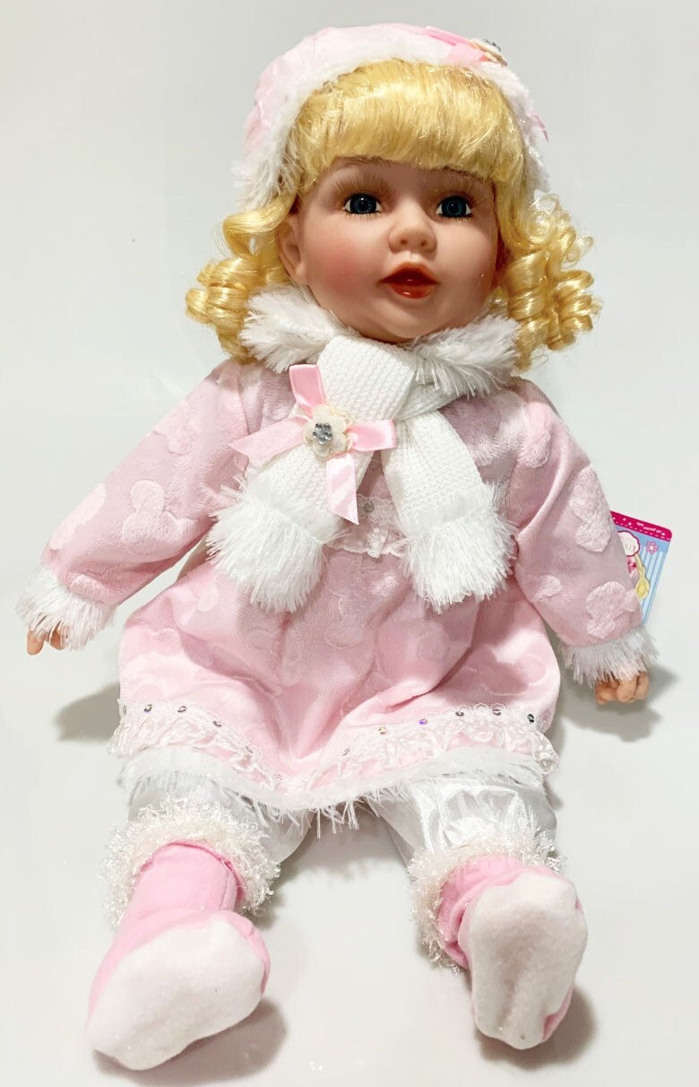 NEW VINYL ZOEY PLAY DOLL BLOND HAIR BLUE EYES  22" PINK/WITE  WINTER OUTFIT