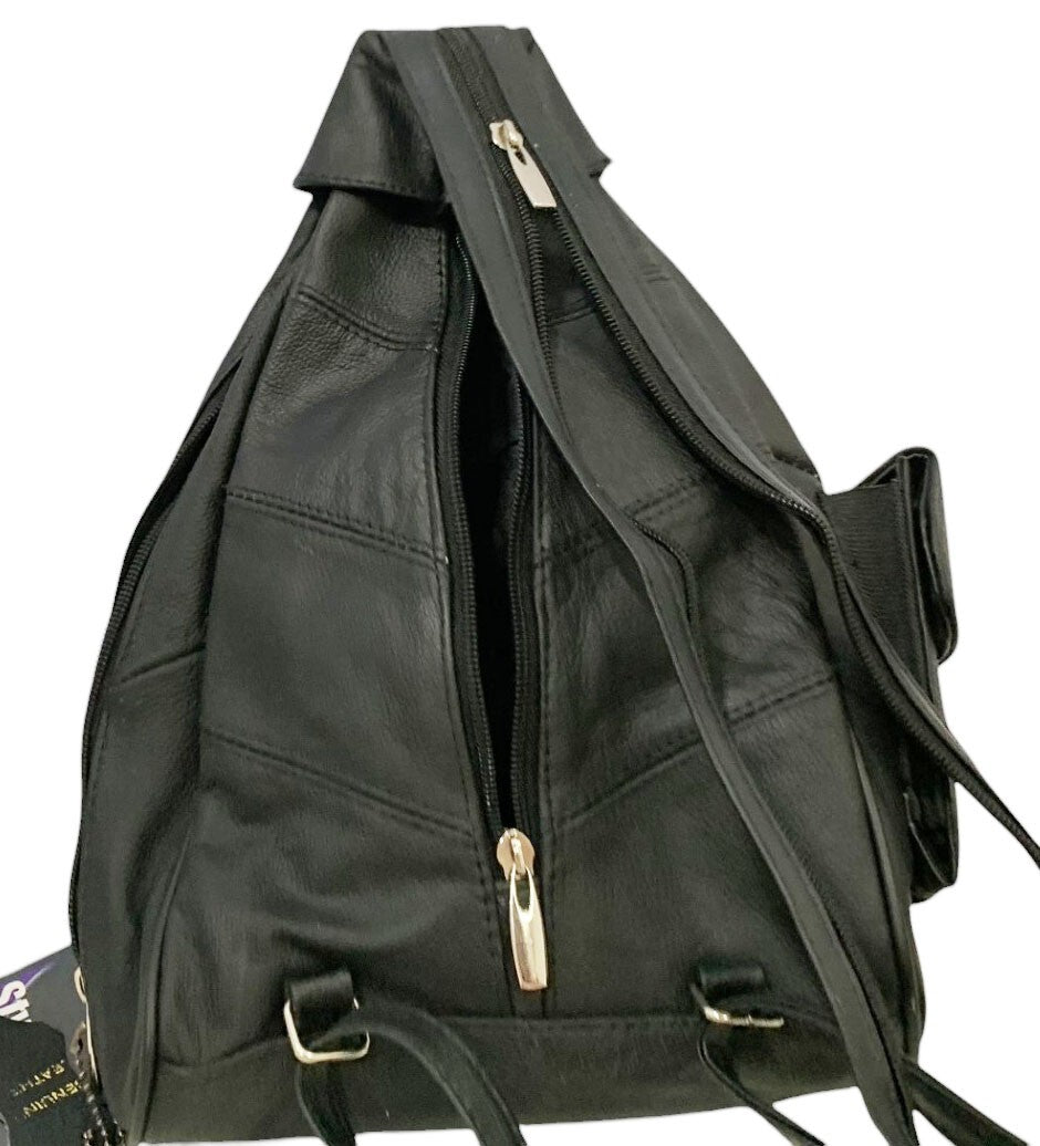 BLACK COWHIDE LEATHER UNISEX  BACKPACK SHOULDER BAG TRAVEL ORGANIZER