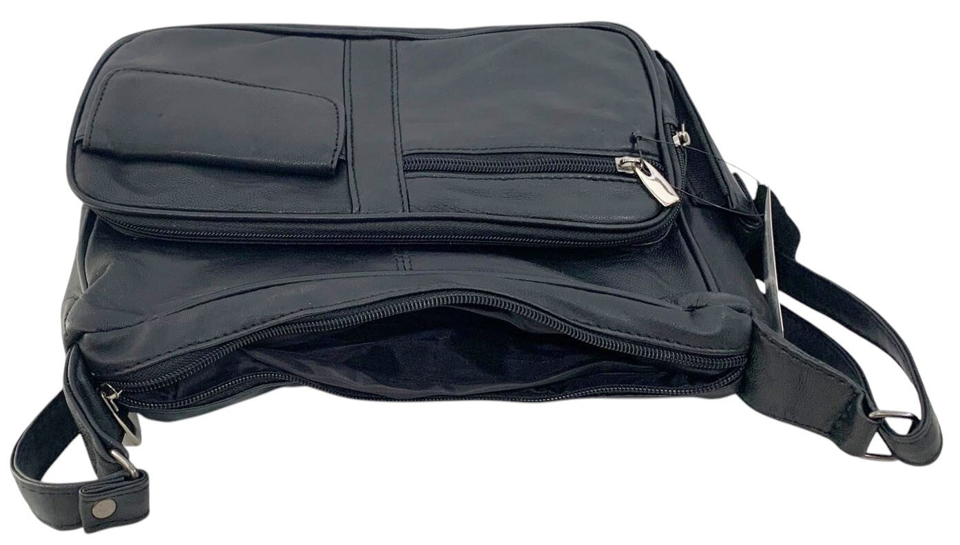 BLACK Leather Organizer Purse Shoulder Bag Multiple Pockets Cross Body Handbag