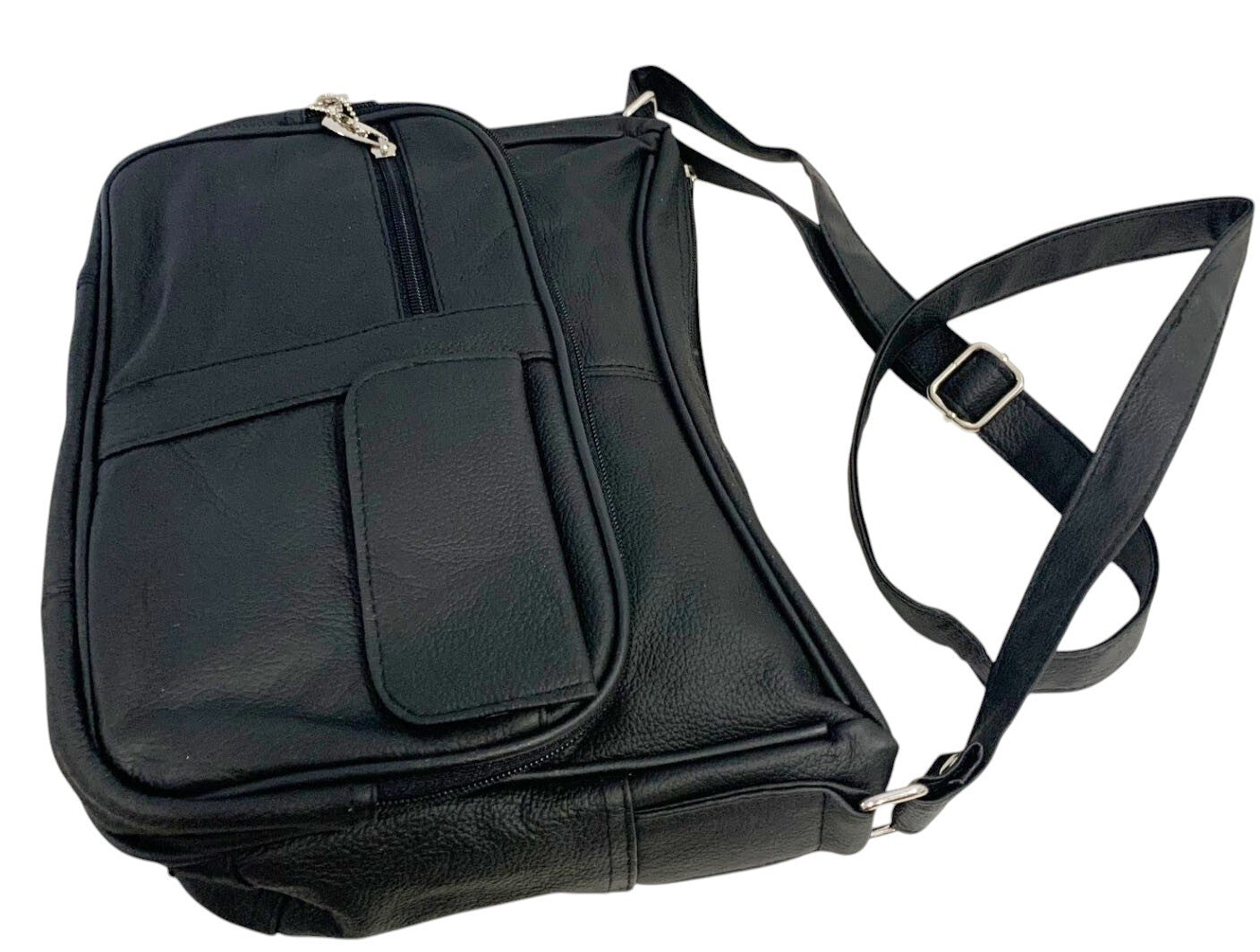 BLACK Leather Organizer Purse Shoulder Bag Multiple Pockets Cross Body Handbag