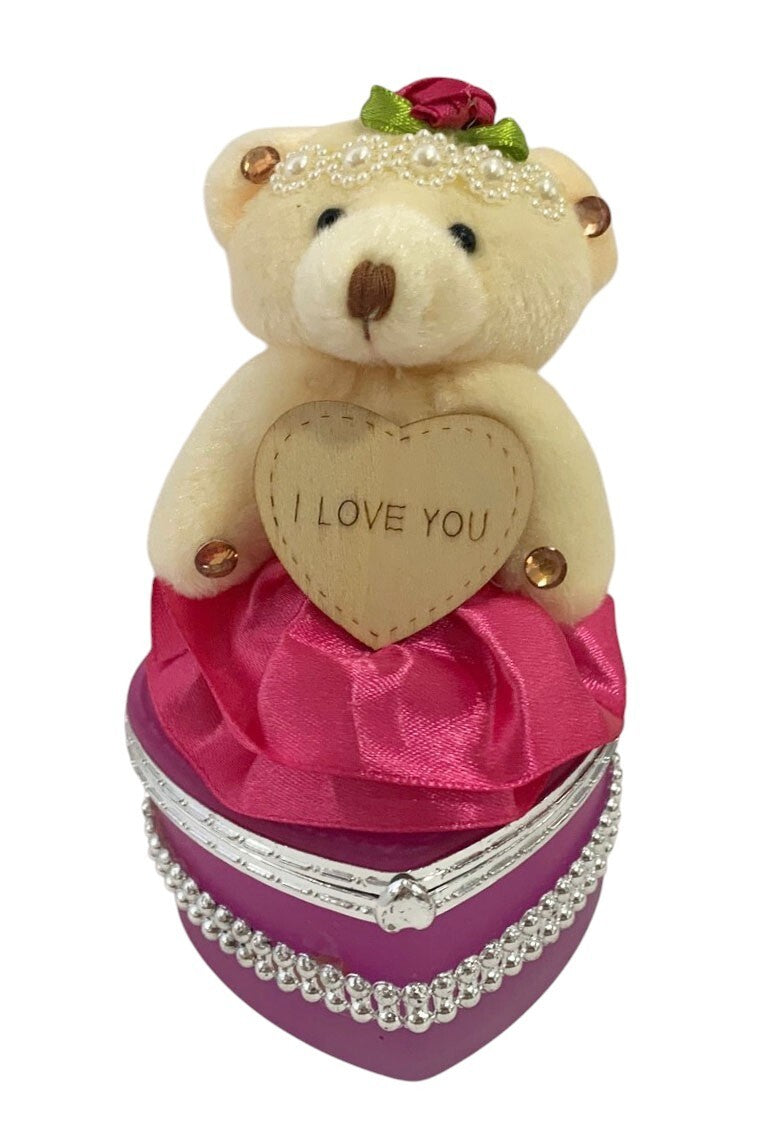 I Love You Bear With Heart Shaped Jewelry Gift Boxes SET OF 2 White and Fuchsia