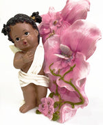 AFRICAN AMERICAN FAIRY ANGEL BABY GIRL FIGURINE WITH FLOWERS AND BUTTERFLY 11.5"