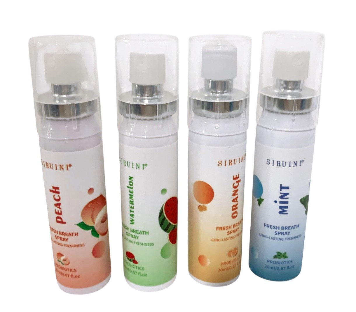 SIRUINI PROBIOTICS FRESH BREATH MOUTH SPRAY PEACH, ORANGE, WATERMALON, MINT- 4 P