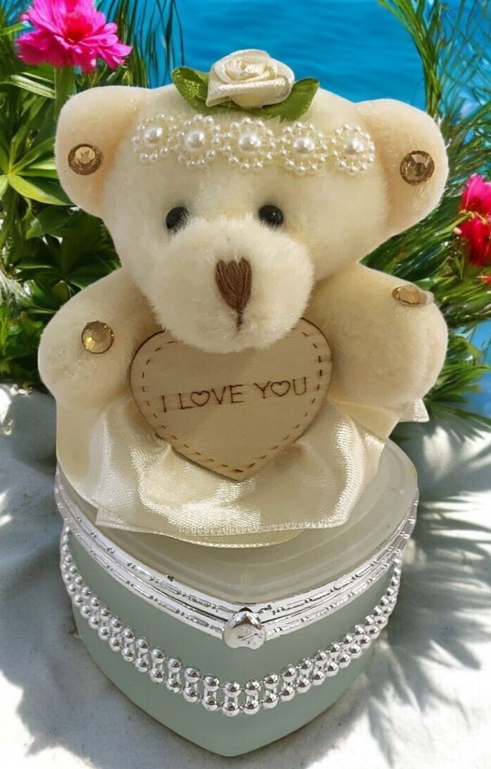 I Love You Bear With Heart Shaped Jewelry Gift Boxes SET OF 2 White and Fuchsia