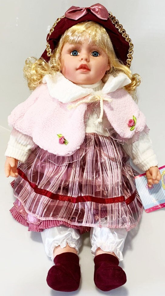 NEW VINYL PLAY DOLL BLOND HAIR BLUE EYES  22" BURGUNDY/WHITE/PINK  CLOTHES